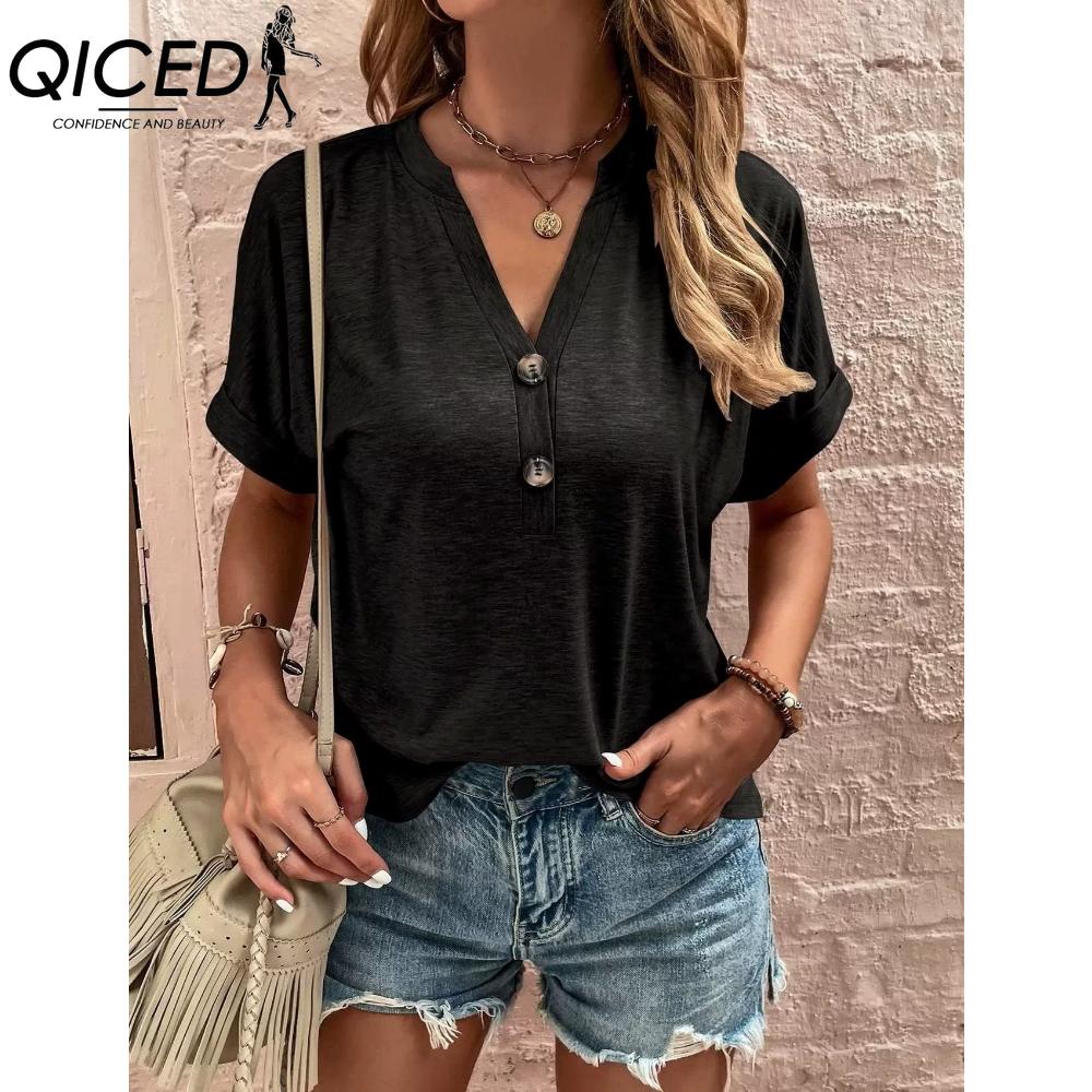 QICED Women's Fashion Casual Solid Color Print Short Sleeve V Neck Blouses & Shirts