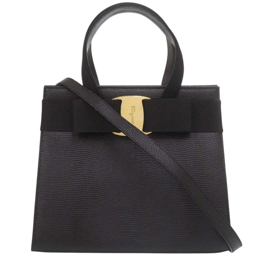 Used AUTHENTIC Salvatore Ferragamo BA214178 2WAY Vara ribbon Hand Bag Black Leather