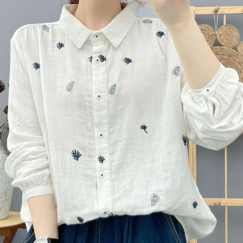 Cotton Gauze Long-sleeved Shirt for Women's Forest Style Literary and Fresh Leaf Embroidery Soft Skin-friendly Breathable Top