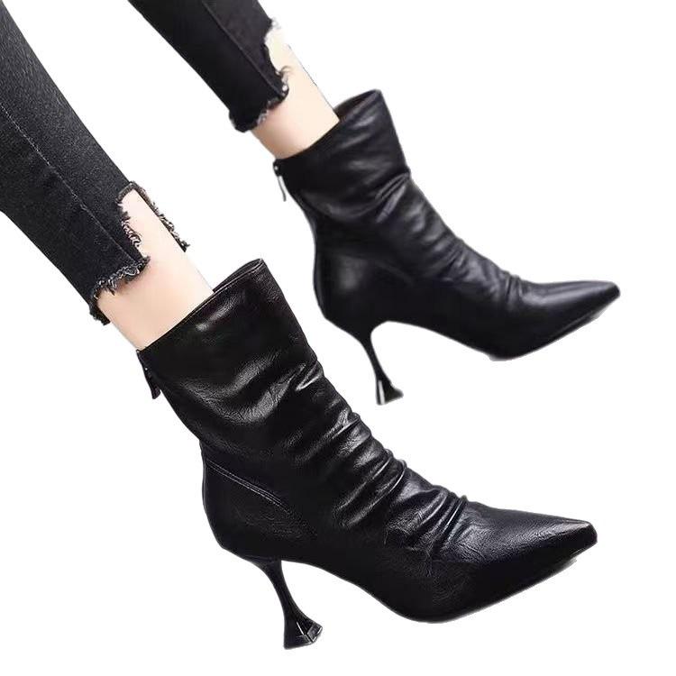 French fried street short boots new high heels autumn and winter pleated piled boots thin heel velvet boots