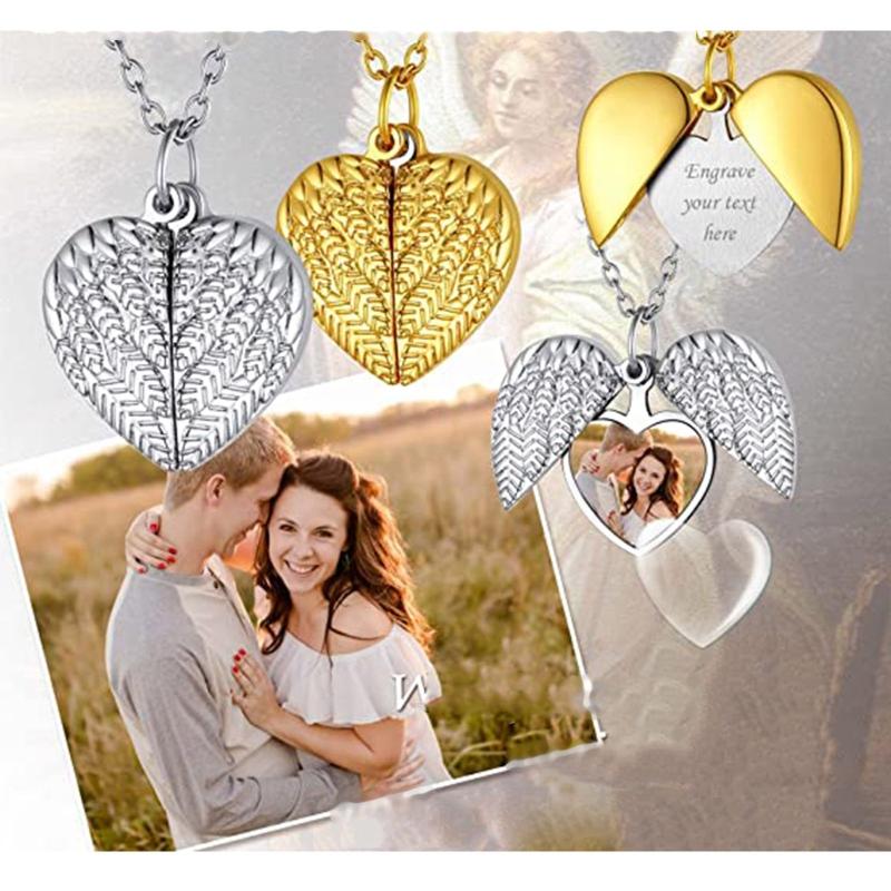 Collane Vuote per Sublimazione con Ciondolo a Forma di Cuore e Ala d'Angelo Collane con Ciondolo Foto Fai da Te per Uomini Donne