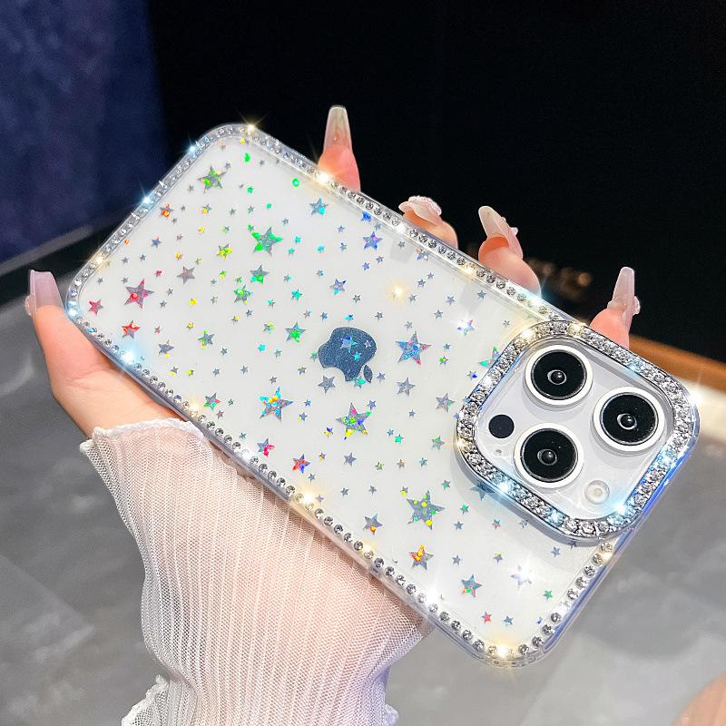 Luxury Laser Stars Rhinestone Bumper Phone Case For iPhone 16 15 14 13 12 11 Pro Max Plus IMD Transparent Shockproof Cases Cover