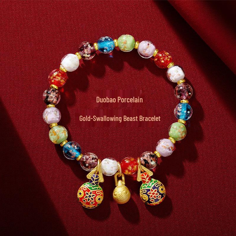 Wutaishan Zodiac Golden Beast Bracelet: Incense Ash Glaze, Multi-Treasure, Palace Style, Attracting Wealth & Luck.