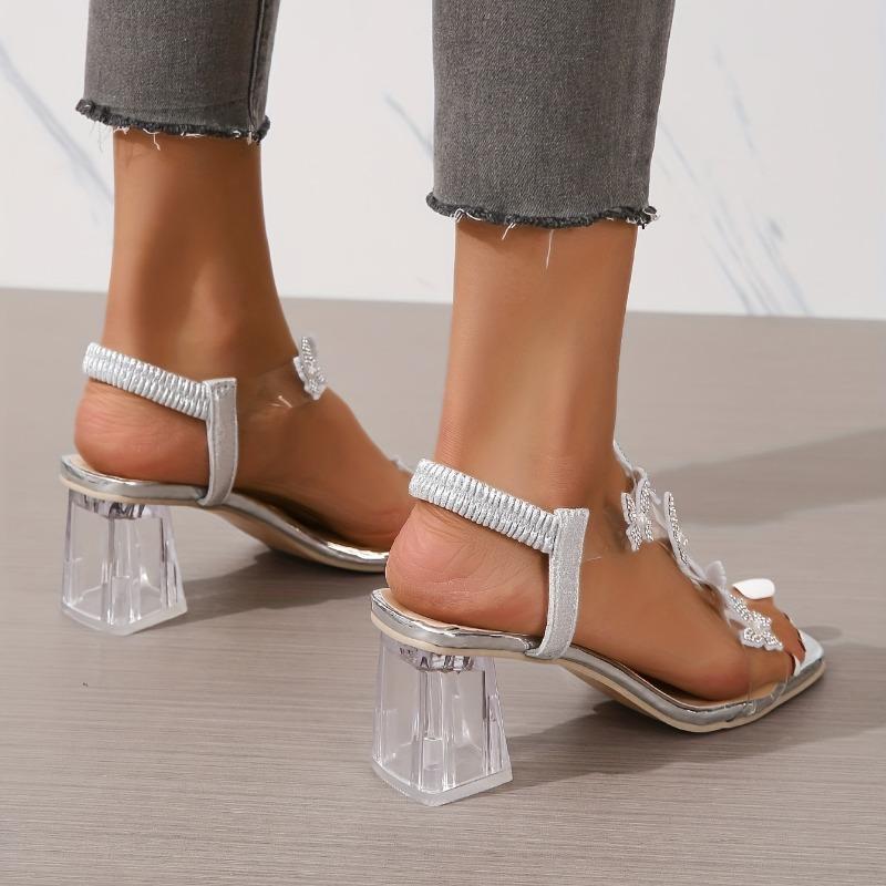 Sandali con tacco grosso da donna, tacco medio con punta aperta quadrata con strass a farfalla e perle finte, sandali eleganti con cinturino elastico