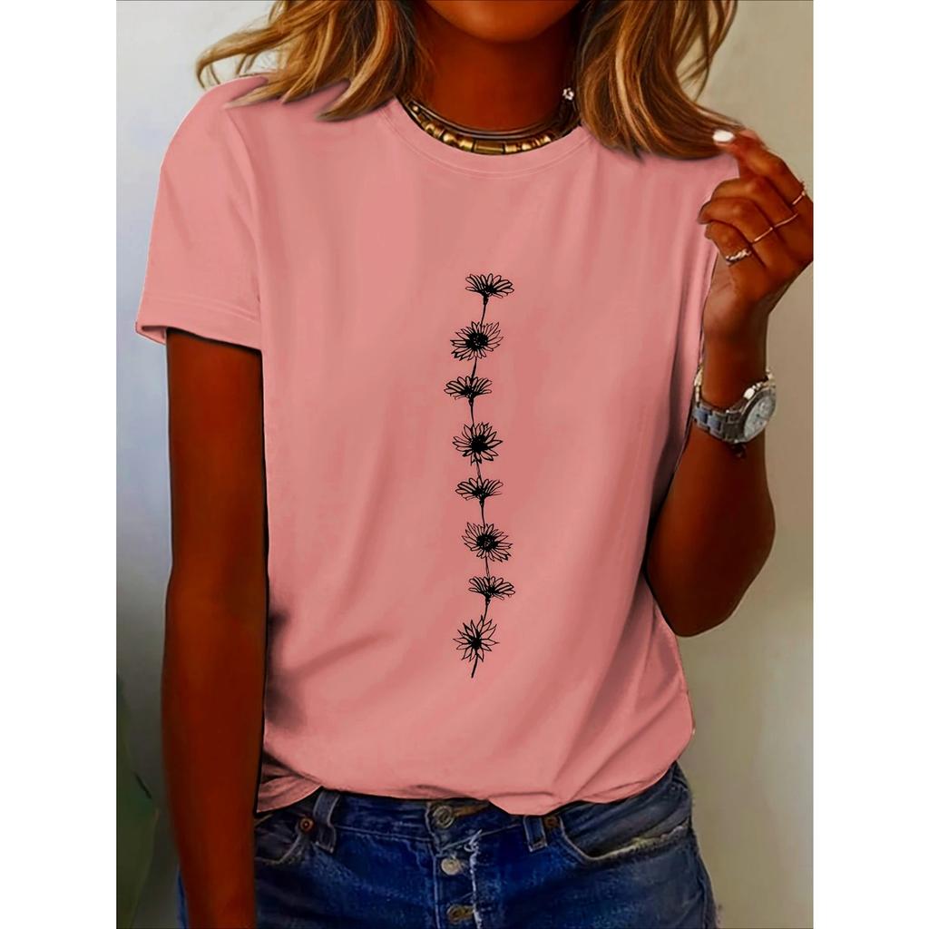 Summer Round Neck Simple Flower Pattern 3D Print Top Fashionable Casual Short Sleeved Women's T-shirts