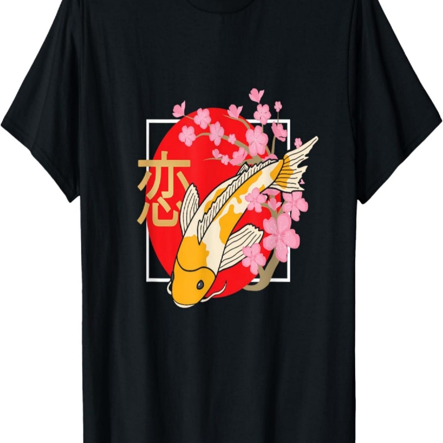 

Футболка с изображением рыбы кои, карпа, нисикигои, цветущей сакуры(12) S чёрный