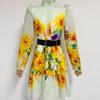 Sunflower Print Lace A-Line Dress with Stand-Up Collar & Long Sleeves