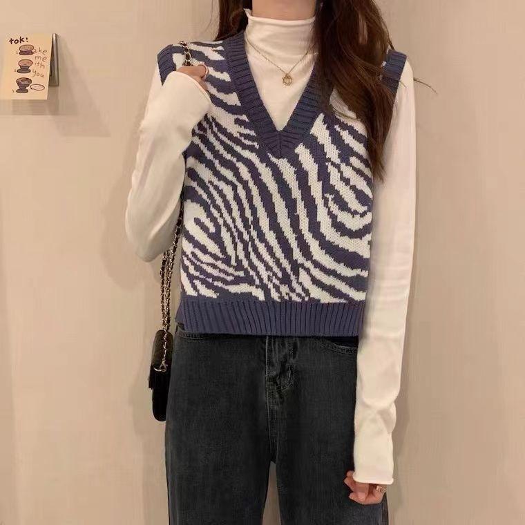 Retro Zebra Sweater Vest Women 2023 Spring and Autumn Korean Version Foreigner Loose Sweater Tank Knitted Vest Pullover Female