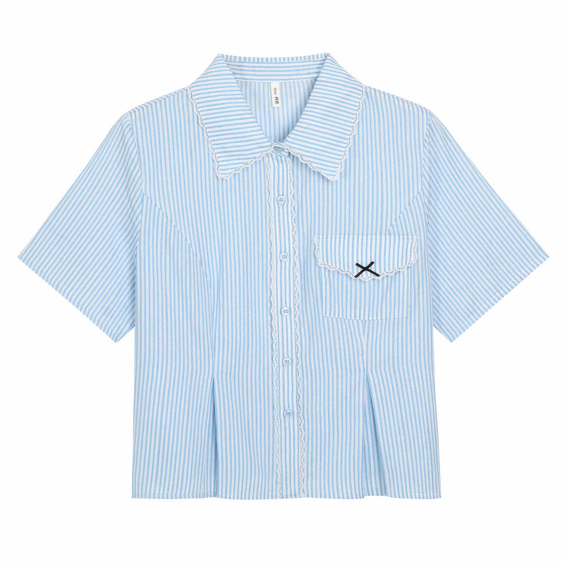 

Blue Lace Striped Short-Sleeve Summer Shirt - Plus Size, Waist-Slimming Top for Women 3XL (recommended 160-180 pounds)