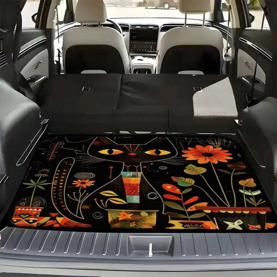 1pc Black Cat Print Personalized Car Trunk Mat Interior Protection Cargo Liner Durable Polyester Floor Mat Safe And Practical