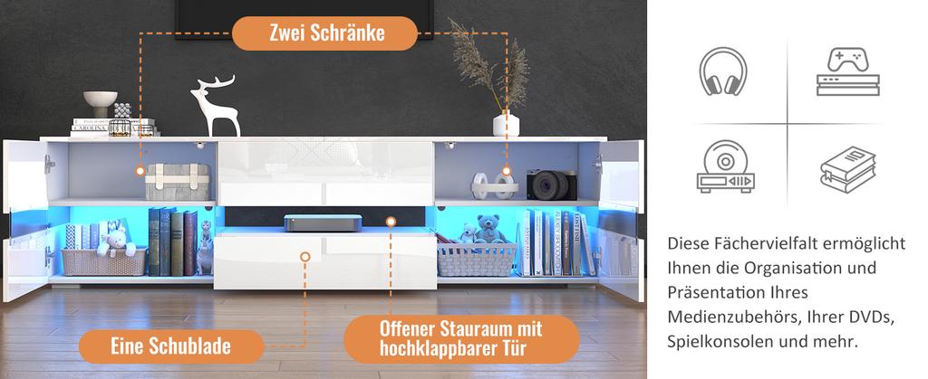 Moderner weißer High-Gloss TV-Schrank, 160x39x45 cm, LED-Beleuchtung, 2 Türen, 1 Schublade, Offenes Fach, 70-Zoll-Fernseher, Acrylglas-Einsatz, Push-to-Open
