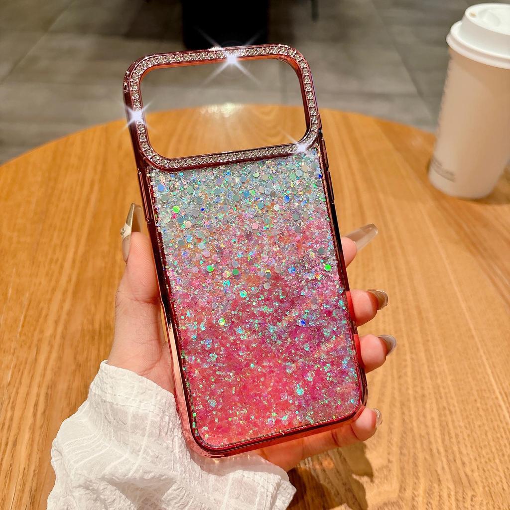 Rhinestone Lens Glitter Gradient Case for iPhone 17 Pro Max - Drop-proof, Electroplated Soft Protective Cover.