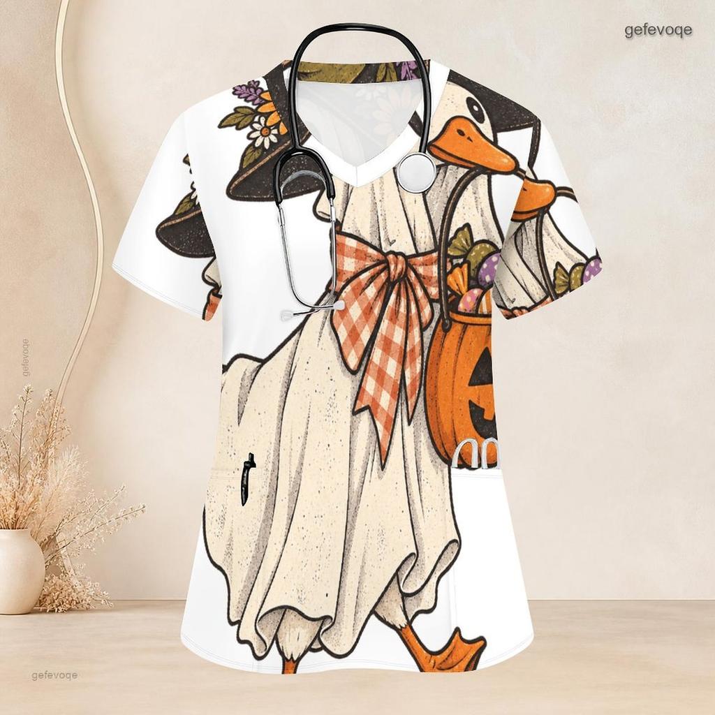 Women Plus Size White Halloween Cartoon Duck Printed V Neck Short Sleeve Nurse Scrub Top With Front Pockets