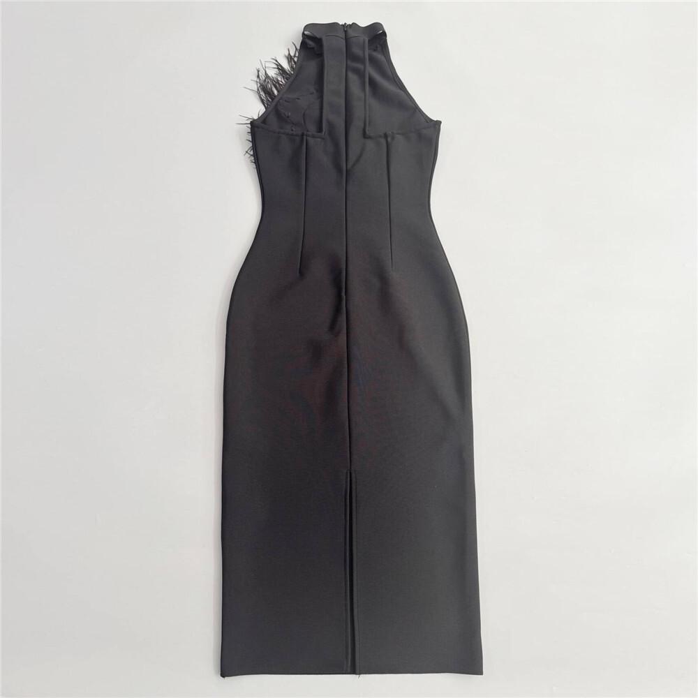 French Bandage Dress: Elegant Sleeveless Evening Gown with Hip-Hugging Long Skirt & 3D Floral Accents.