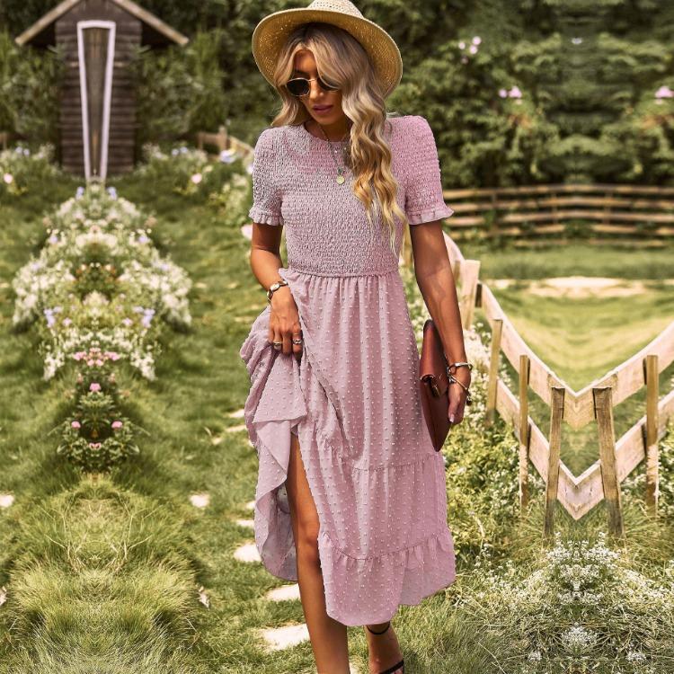 

Women Elegant Large Size Slim Swing A Line O Neck Dress Spring Summer M рожевий