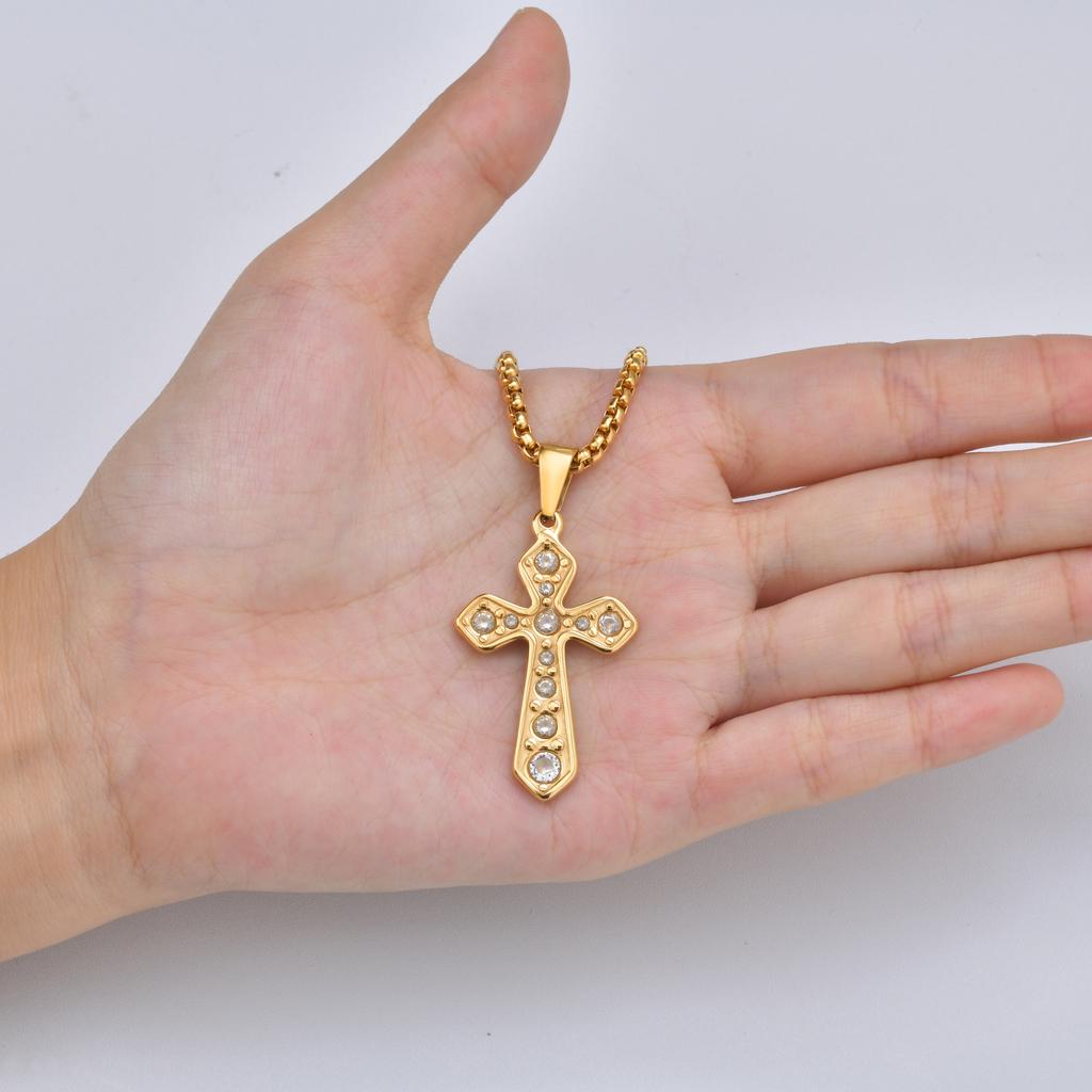 Vnox Stainless Steel Zircon Cross Pendant Necklace with Box Chain for Women Men, Christian Hip Hop Cross Necklace Jewelry Gifts