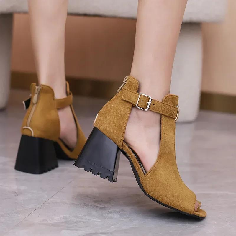 Fashion Women Gladiator High Chunky Sandals Blue Denim Red Leopard Suede  Summer Party Lady Peep Toe Buckle T-strap Zipper Shoes