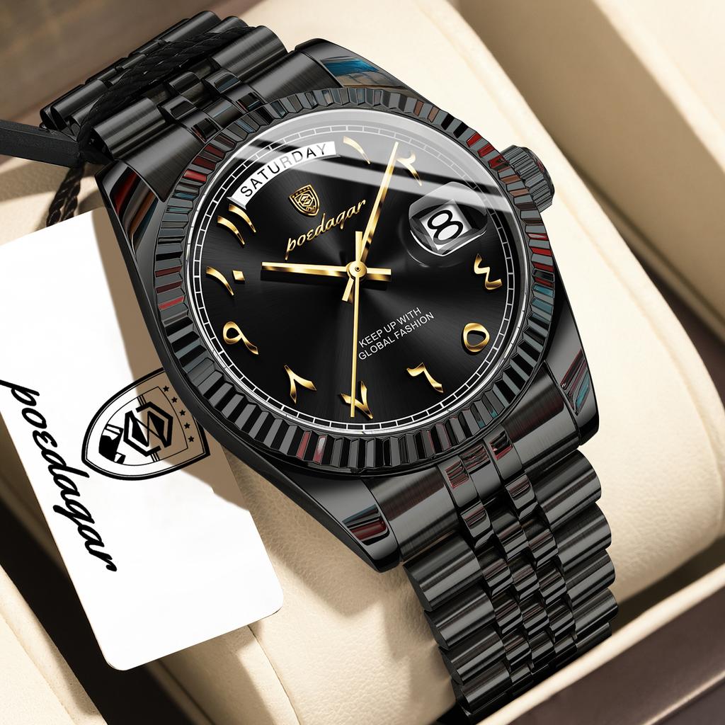 POEDAGAR Fashion High Quality Men Clock Waterproof Date Week Watch for Man Stainless Steel Luxury Quartz Watches + Box