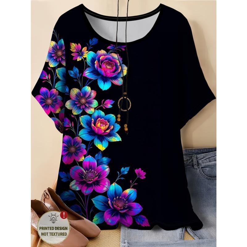 

Summer Women s New Colorful Flower Printed Round Neck Casual Loose Large Size Women s T-Shirts Women s Tops S