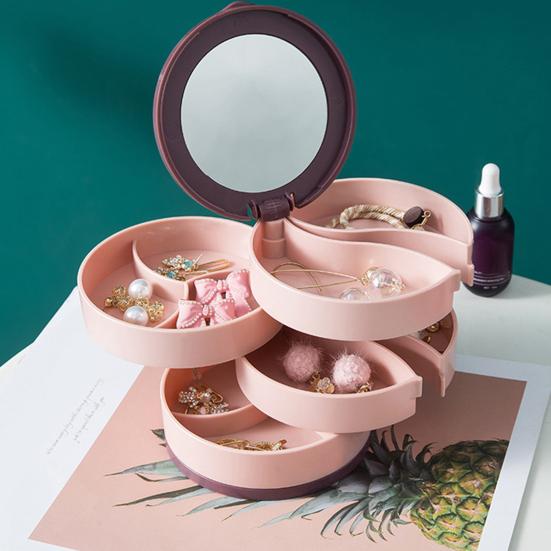 קופסת אחסון לתכשיטים פלסטיק רב-שכבתית אטומה לאבק עמידה בפני לחות סיבוב 360 מעלות מארגן תכשיטים עם מראה מובנה