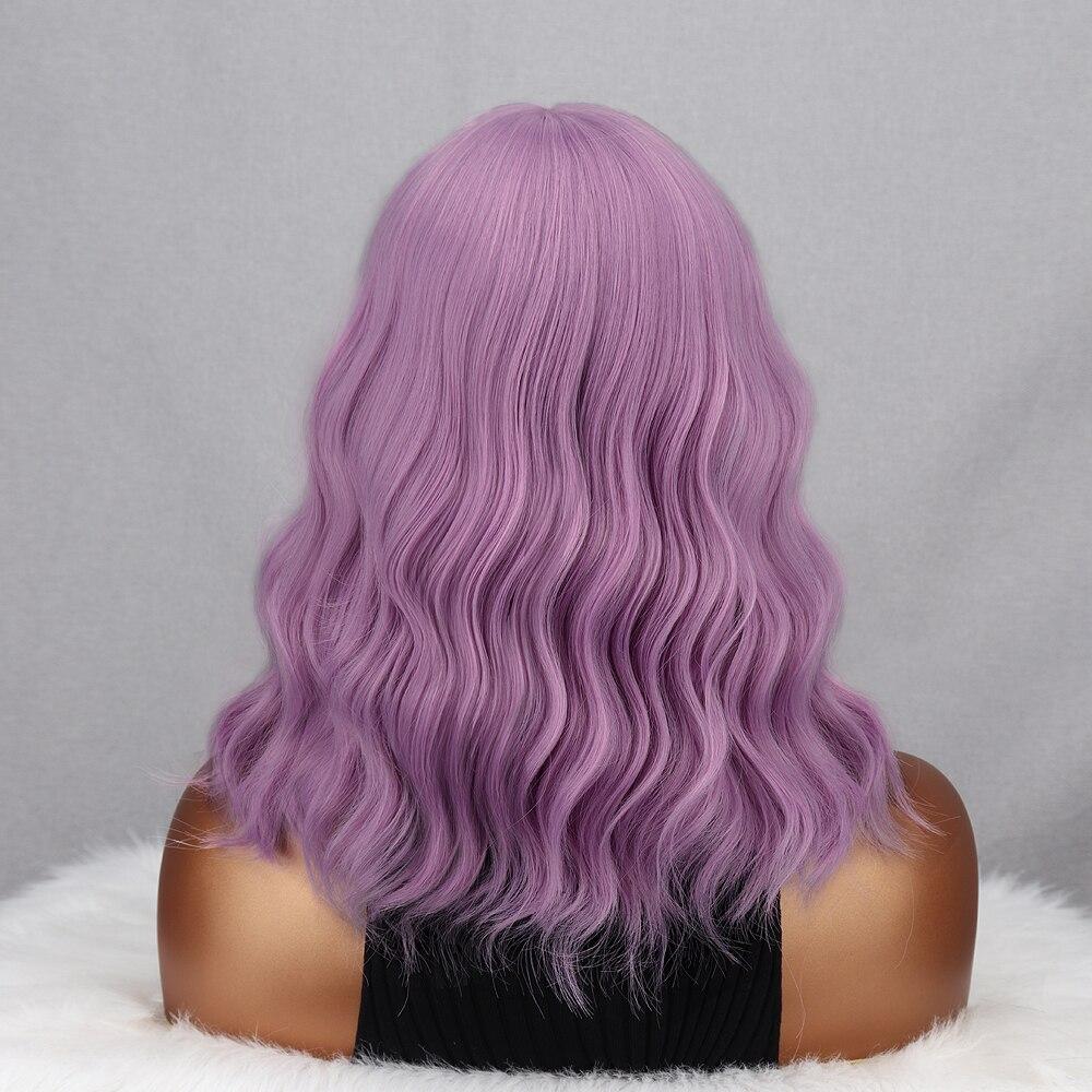 MISS WIG Purple Color Water Wave Wig with Bangs Synthetic Fiber Shoulder Length Wavy Cosplay Daily Wear Short Wavy Wig
