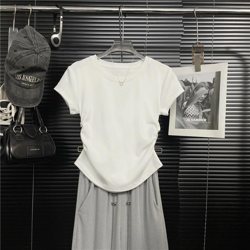 Summer Woman V Neck T Shirt With Wrinkled Design And Slim Fit For Casual Wear