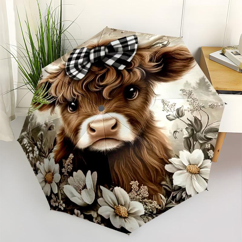 Highland Cow With Plaid Bow A Whimsical Floral Portrait Compact Travel Automatic Umbrella Compact 8 Rib Design Durable Plastic Iron All Season Women'S