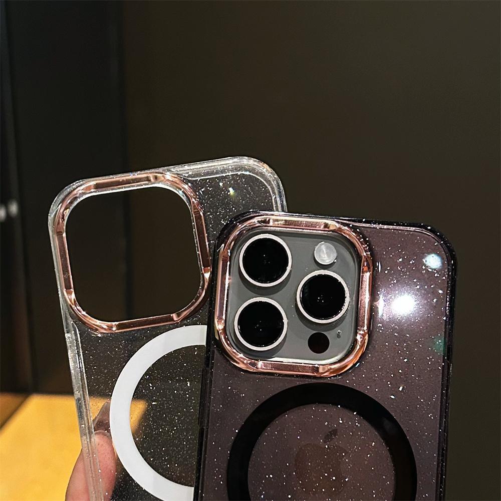 Luxury Clear Bling Glitter Armor For Magsafe Wireless Charge Phone Case for iPhone 15 14 13 Pro Max Magnetic Plating Hard Cover
