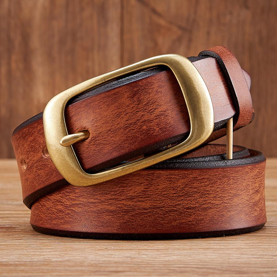 3.8CM Men's Genuine Leather Belt Luxury Designer Brass Pin Buckle Belts Pure Cowskin Vintage Strap Male Jeans Belt for Man