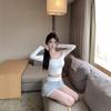 One-word shoulder white long-sleeved slim-fit T-shirt for women's spring spice, sexy tight-fitting elastic inner with short open-button top
