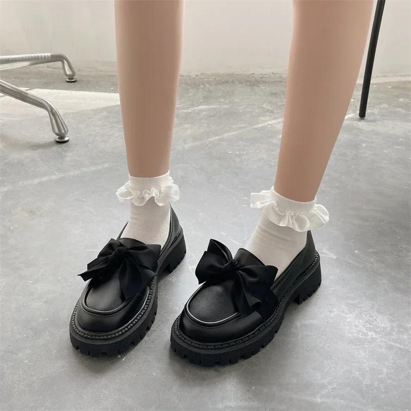Women's High Heels Loafers Bow Tie Round Toe Square Heel Slip on Women Shoes Square Heel Round Head Patent Leather Leisure Shoes