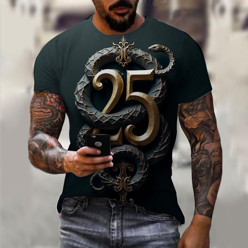 T-shirt décontracté à manches courtes pour homme imprimé 3D Année du Serpent du Nouvel An 2025 Confortable Respirant Imprimé Rétro