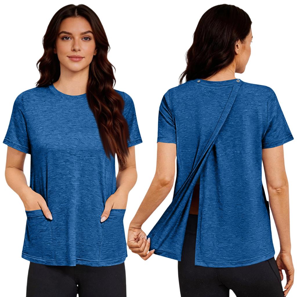 Camicia da donna post-operatoria a maniche corte colorata con chiusura posteriore e tasca