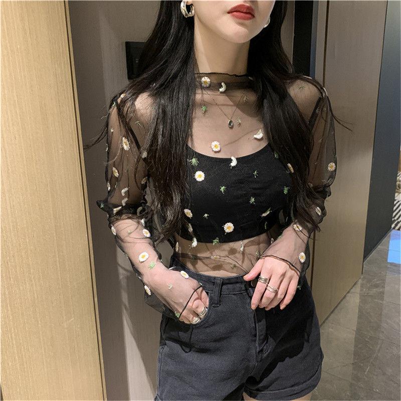 Women T Shirt See Through Transparent Mesh Tops Long Sleeve Sheer Turtleneck