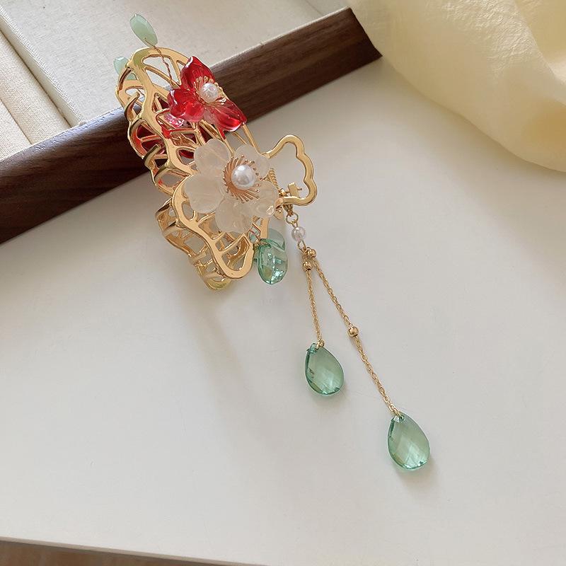 2023 Red Flocked Flower Tassel Hair Clip: High-End, Sweet & Versatile Women's Headdress Accessory