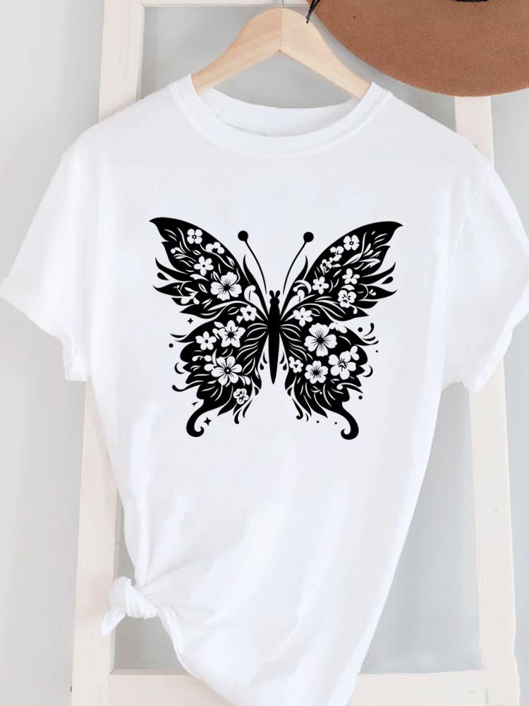 (Asian Size) Short Sleeve Women's Top T Female Print  Fashion Ladies O-neck Butterfly Cute Lovely Casual Clothing  Graphic Tee T-shirts