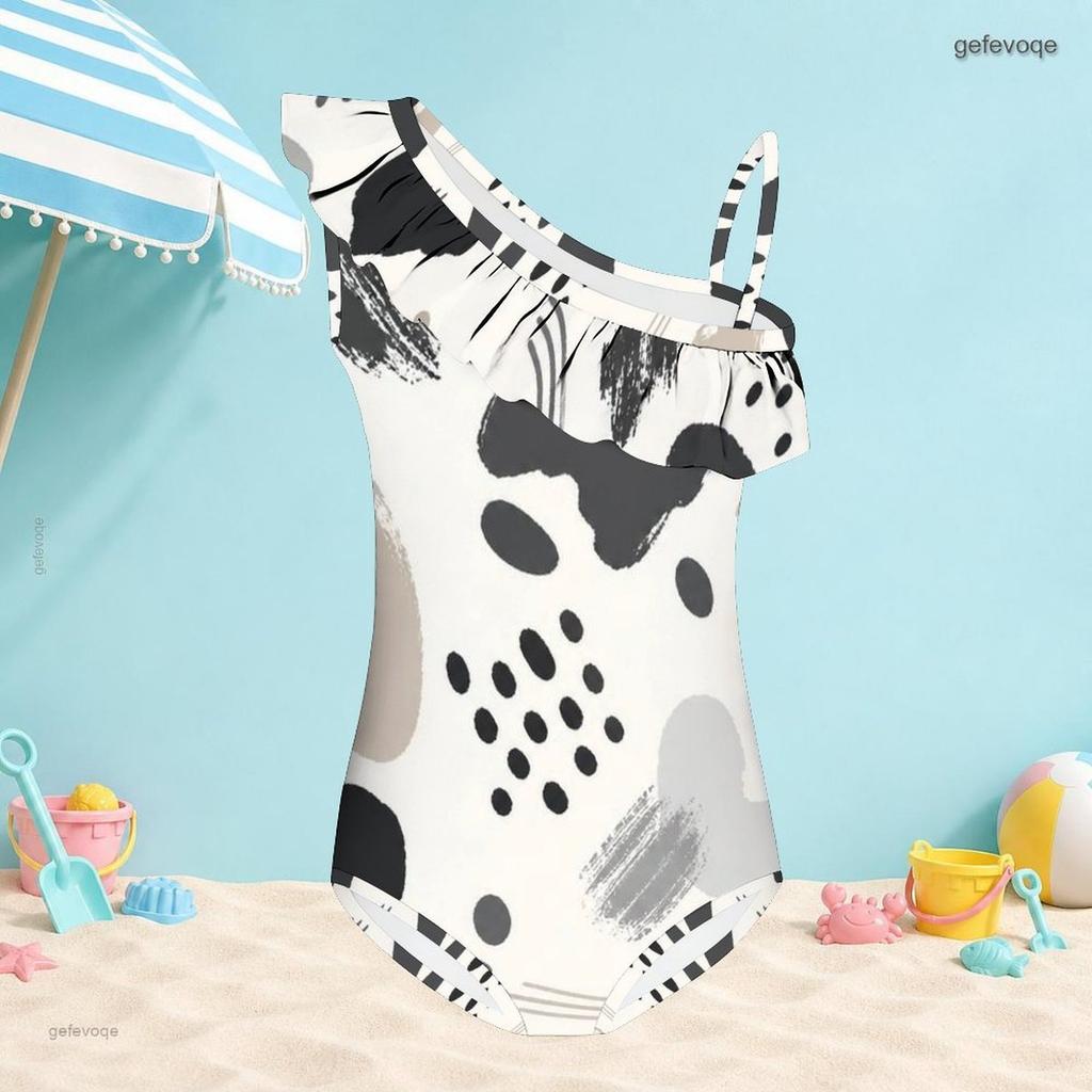 Girls One Shoulder Ruffle One Piece Marble Printed Swimsuit