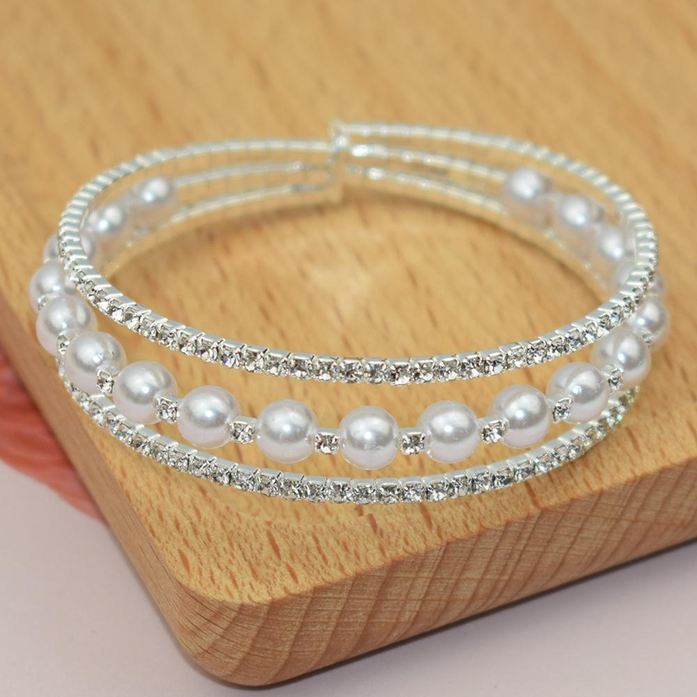 Korean Opening 3 Rows Rhinestone Pearl Bracelet Fashion Jewelry Silver Gold One Piece Dropshipping
