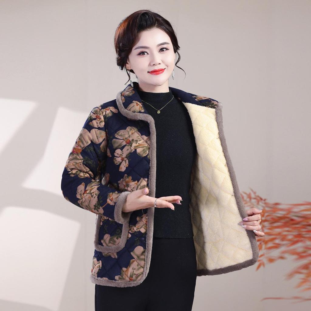 Warm Floral Cotton-Padded Jacket for Middle-Aged & Elderly Women - Fleece-Lined, Turn-Down Collar, Thickened Winter Coat