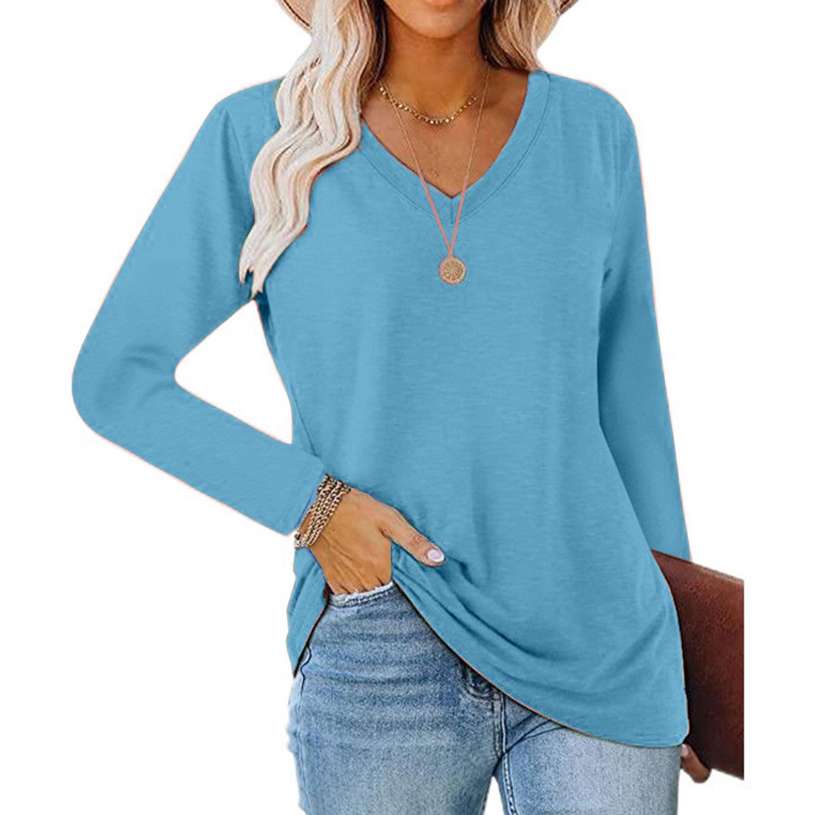 

Женский элегантный свободный топ с V-образным вырезом и длинными рукавами - однотонный, коллекция Весна 2025 4XL синий