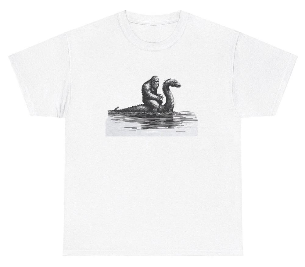 Bigfoot Riding Lochness Monster T Shirt Funny Mythical Creature Sasquatch Tee S