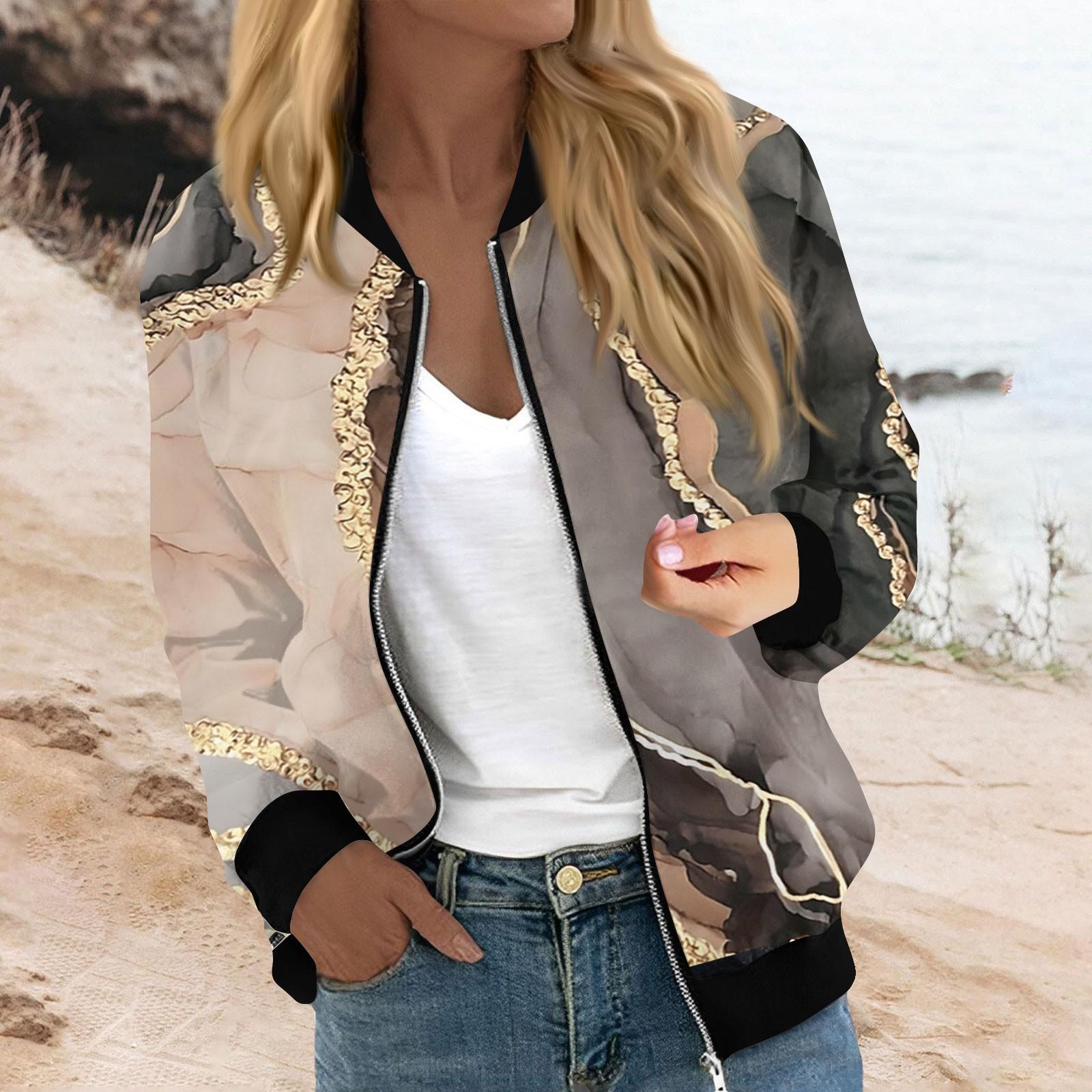 

Женская мода повседневная куртка с градиентным принтом на молнии с карманами M