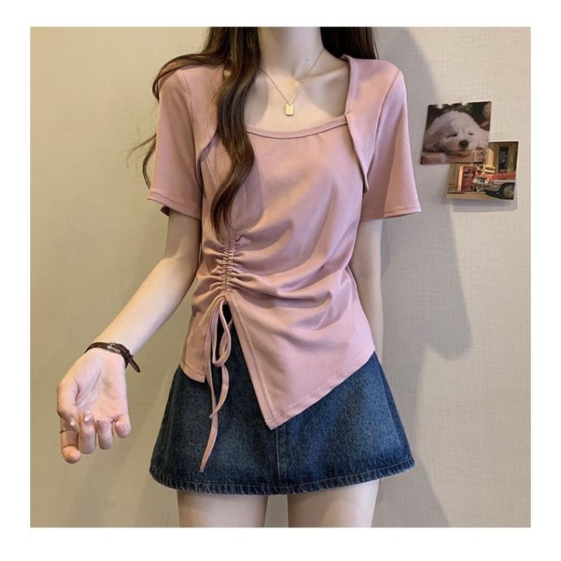 Pink Square Neck Short Sleeve T-shirt Pure Lust Spicy Girl Pleated Design Women Slim Top Casual Solid Color Korean Fashion
