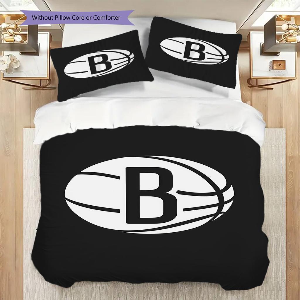 Brooklyn Nets Stars Stripes Basketball Spirit Bettwäsche(1 Bettbezug + 2 Kissenbezüge, ohne Füllung)Weihnachts-Geburtstagsgeschenk Weich und bequem