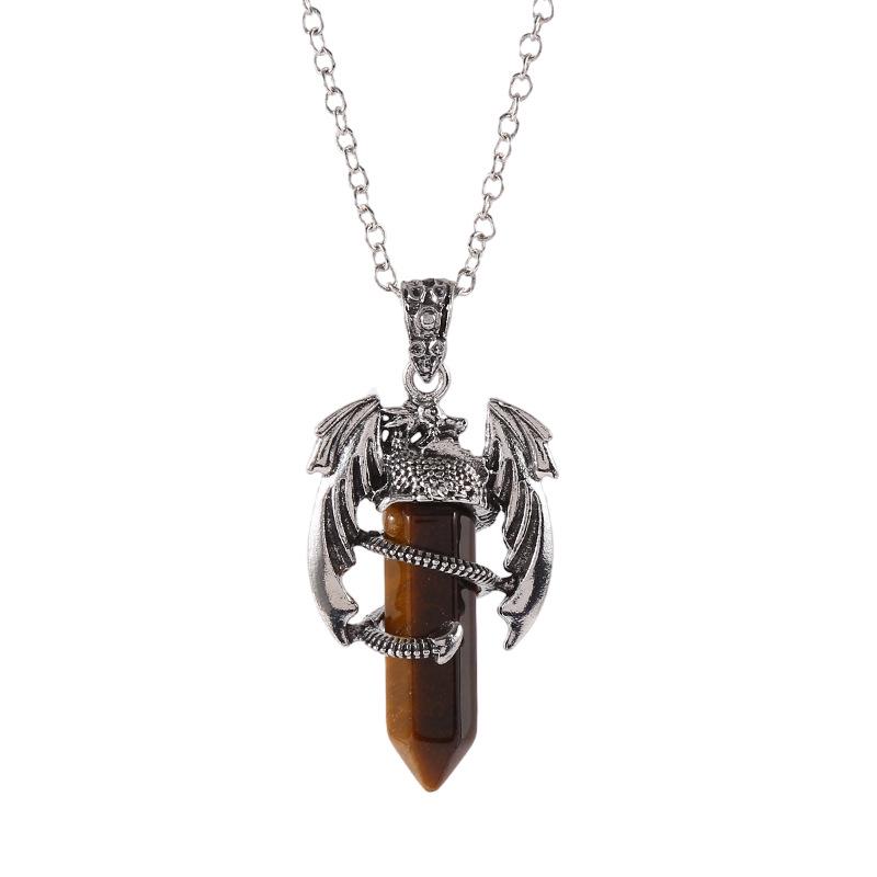

Vintage Flying Dragon Pendant Necklace with Amethyst, Rose Quartz, and Tiger Eye Gems Without Chain