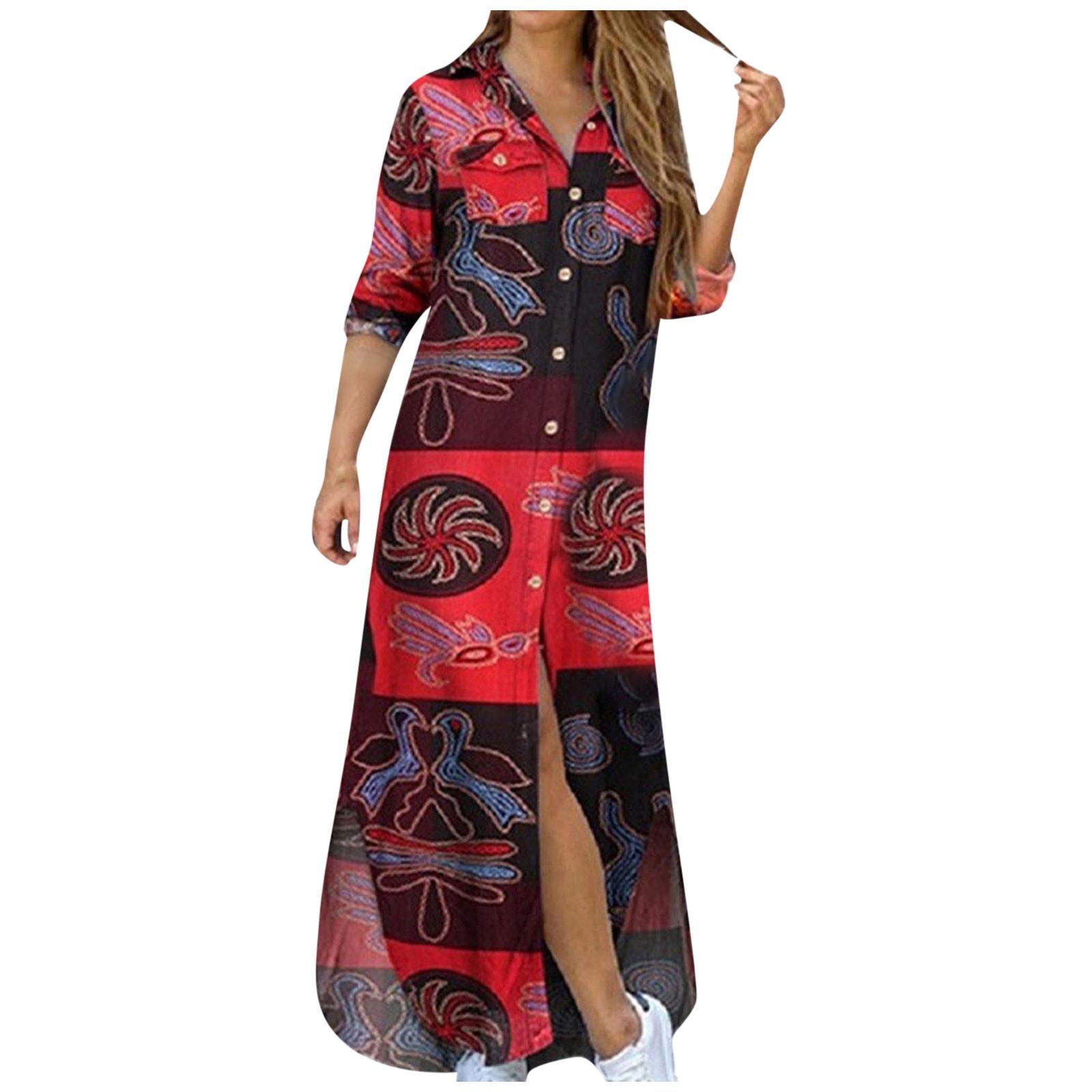 

(SU)Womens Casual Loose Long Sleeve Pocket Button Shirt Patchwork Print Dress