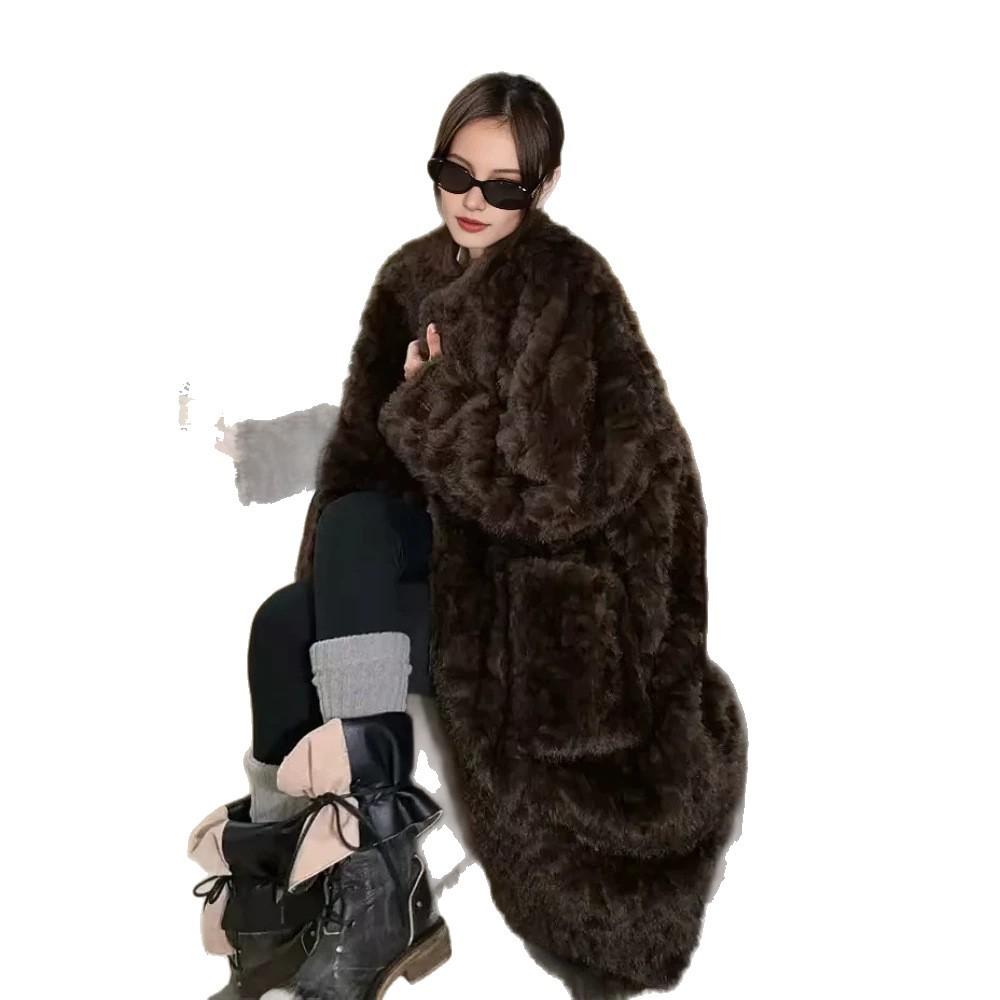 Fur integrated V-neck double-sided wearable coat extended winter coat to keep warm new environmentally friendly fur