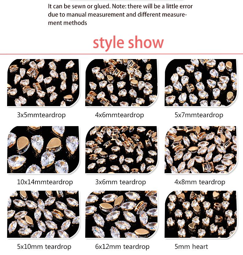 Flatback Zircon Rhinestones Cubic Zirconia teardrop base Claws Sew On  clear  Zircon For Rings Earrings DIY Clothing Accessorie
