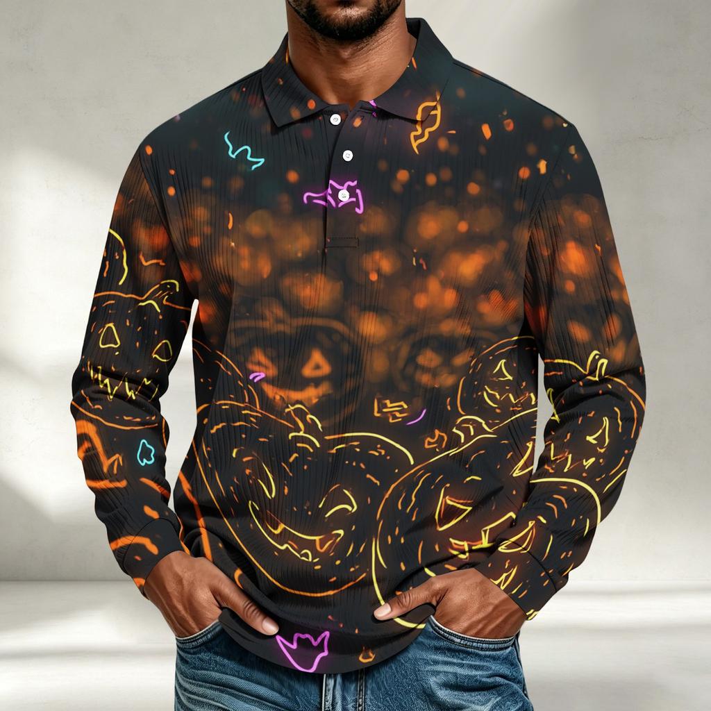 Men's Casual Halloween Print Long Sleeve Shirt Loose Fit