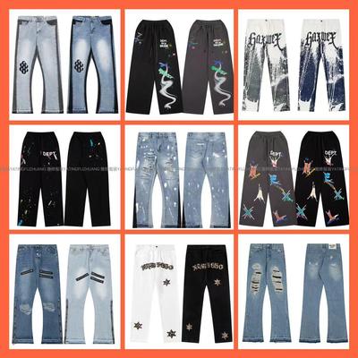 Rankomis dažytos dėmėtos rašalo mozaikinės laisvalaikio kelnės su raišteliu, džinsinės micro-flare, unisex ilgos kelnės